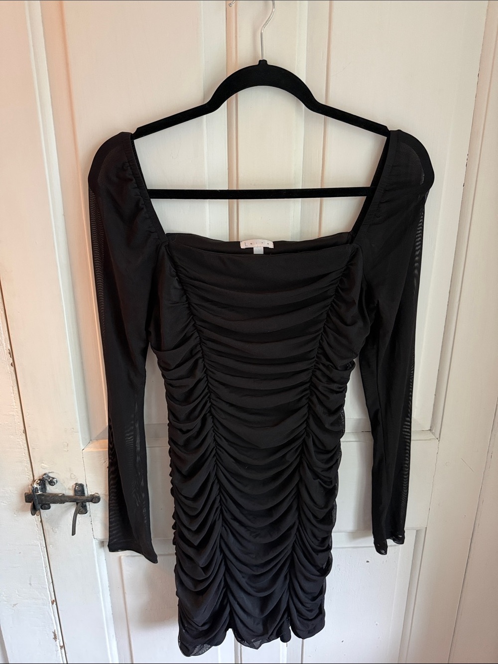 Leith Black Ruched Long Sleeve Square Neck Mini Dress